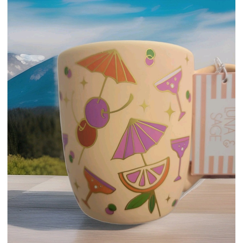 NEW! Luna & Sage Martini Cherries Artsy Colorful Soft Touch Ceramic Coffee Mug